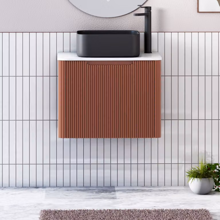 Royal Bathrooms Avenza 600mm Terracotta Clay Wall Hung Vanity Unit with 1 Drawer, Plain White Worktop and Art Square Basin