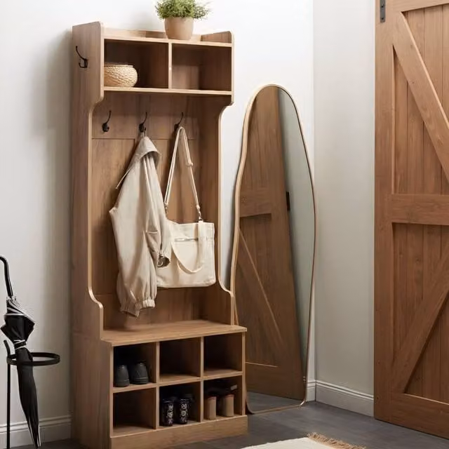 Wyld and Coco Modern Brown MDF Coat Rack and Shoe Storage with Hooks H 180 x W 70 x D 35 cm