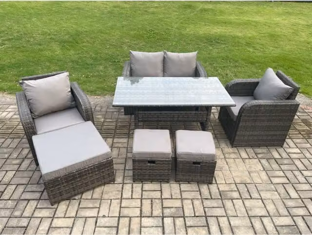 Fimous Modern Grey Rattan Outdoor Garden Dining Set with Glass Table and 3 Footstools