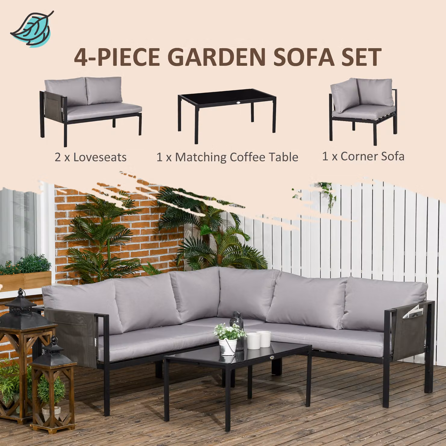 Outsunny 4 Piece Garden Furniture Set with Metal Sofa, Tempered Glass Coffee Table and Padded Cushions in Light Grey – 3