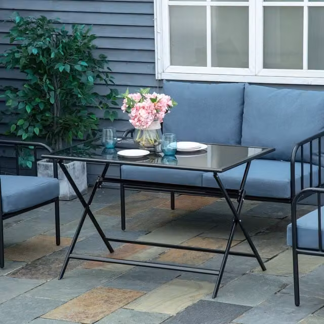 Outsunny Black Folding Patio Dining Table with Rectangular Glass Top for 6 Adults