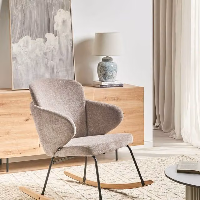 Wyld and Coco Rocking Chair in Beige Fabric with Rubberwood and Metal Legs