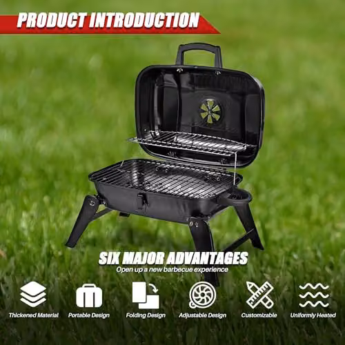 Alivio Portable Charcoal BBQ Grill with Lid, Compact Folding Tabletop Barbecue in Black – 3