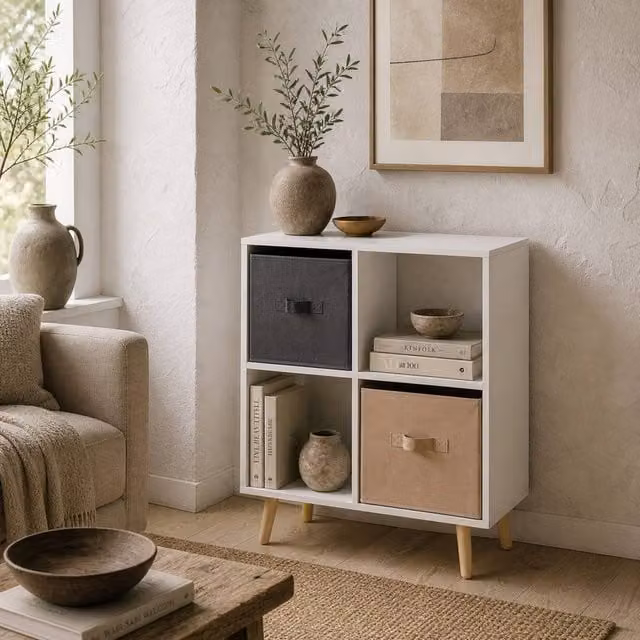 Wyld Haus Momo 4 Cube White Storage Unit with 2 Fabric Drawers, W/D/H: 69.5 x 54.5 x 24.0 cm – 1