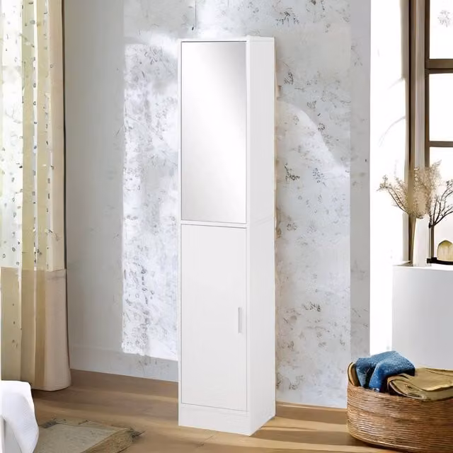FURNOS Tall White Bathroom Storage Cupboard with Mirror and Internal Shelves, H 162 x W 28 x D 32 cm