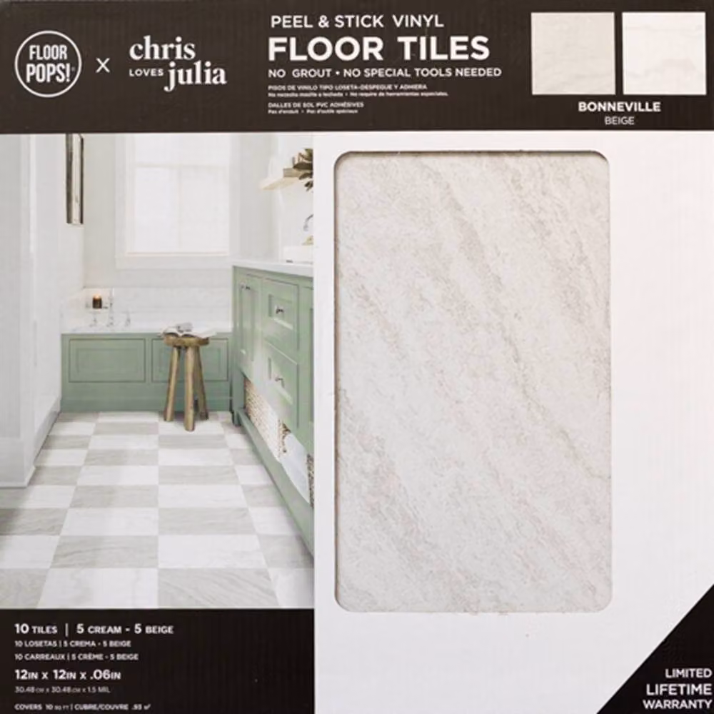 FloorPops Bonneville Beige Self Adhesive Vinyl Floor Tiles, Pack of 10, Light Grey, W/D/H: 30.48 x 30.48 x 30.48 cm – 2