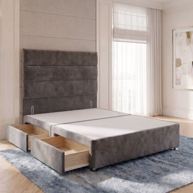 Horizona Velvet Divan Bed Base with Floor Standing Headboard and Drawers, Grey, W/D/H: 120 x 200 x 34.5 cm