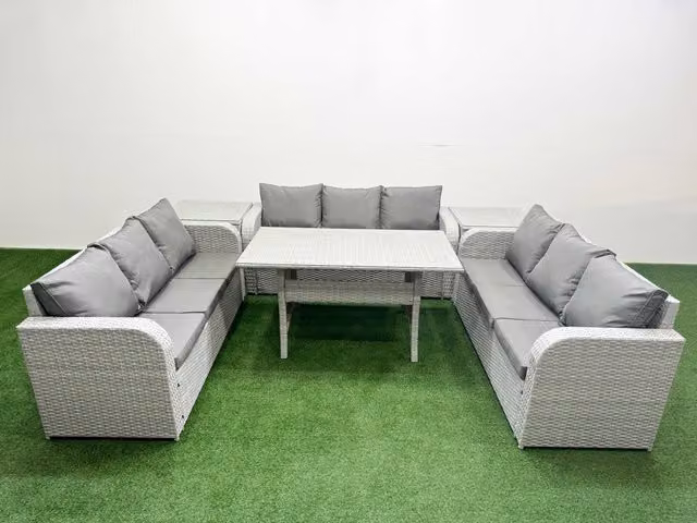 Fimous 9 Seater PE Rattan Lounge Sofa Set with Rectangular Dining Table and 2 Side Tables in Light Grey