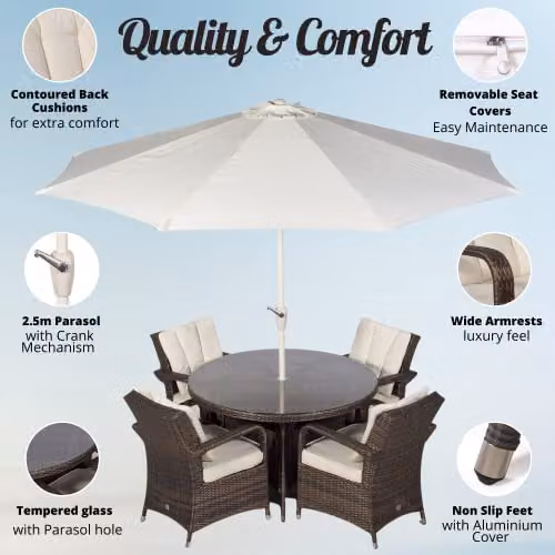 Thats Furniture Arizona 4 Seater Round Rattan Patio Dining Set in Brown with Powder Coated Aluminium Frame, Diameter: 120 cm – 2