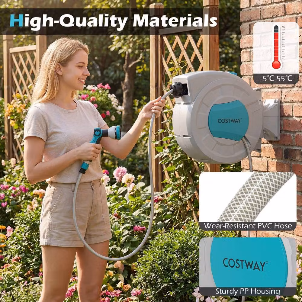 Costway Retractable Wall-Mounted Garden Hose Reel, Multicolour, 22m (20+2m) – 5