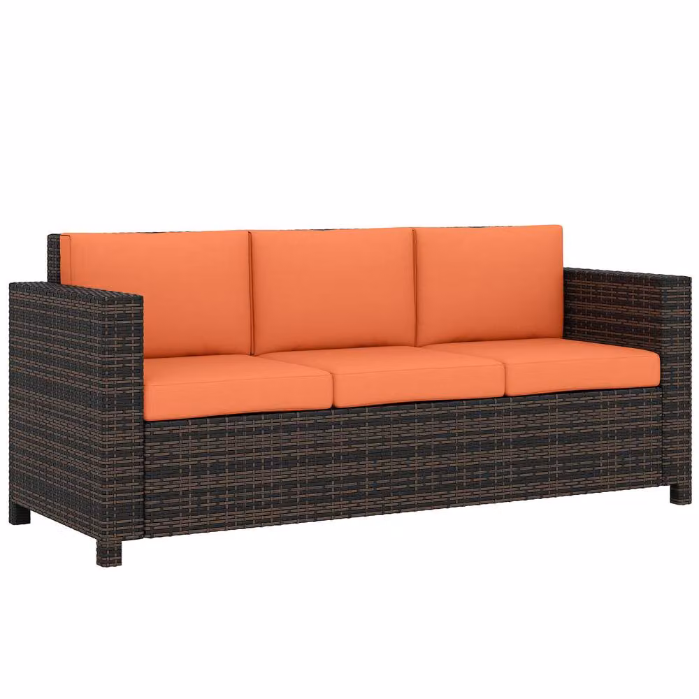 OUTSUNNY Orange Rattan Wicker 3-Seater Sofa with Upholstered Cushions and Powder Coated Steel Frame – 2