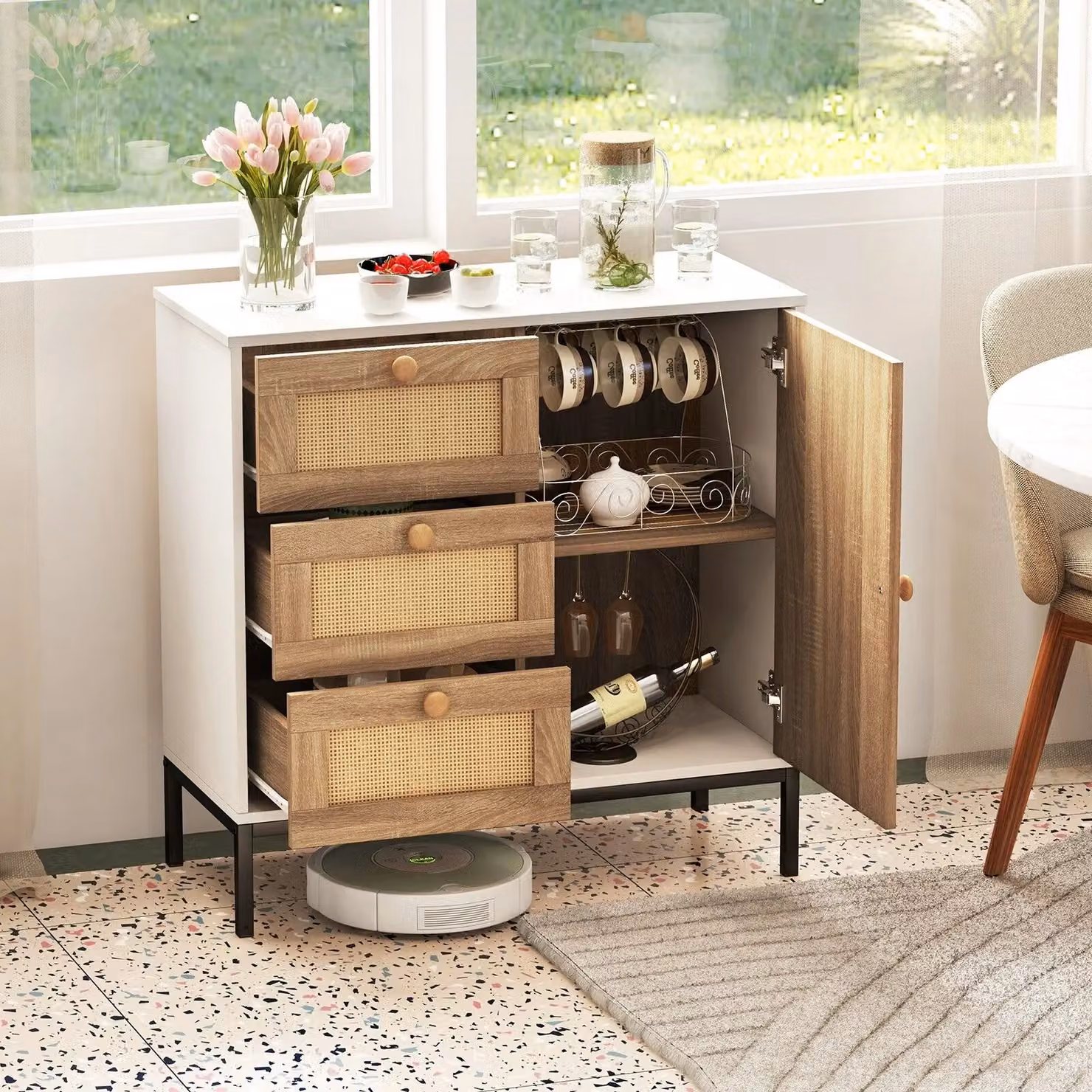 Costway Rattan Buffet Cabinet, White Sideboard and Bar Accent Cabinet with 1 Door and 3 Drawers – 2