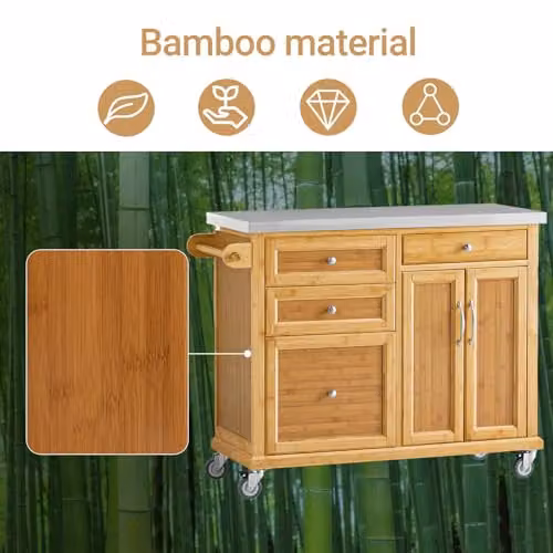SoBuy FKW70-N Kitchen Storage Trolley and Island with Stainless Steel Top, Brown Bamboo and MDF – 2