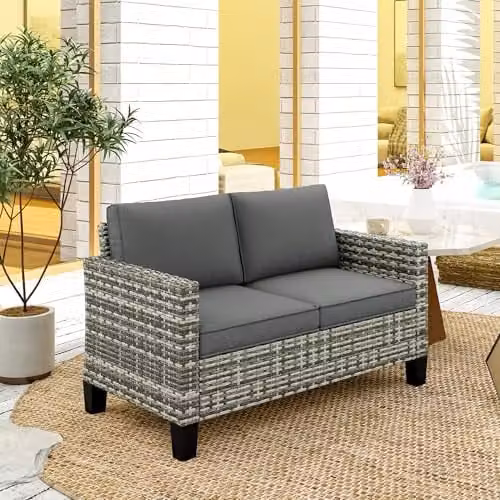 Outsunny 2 Seater Rattan Garden Sofa with Upholstered Cushions and Powder Coated Steel Frame, Grey – 2