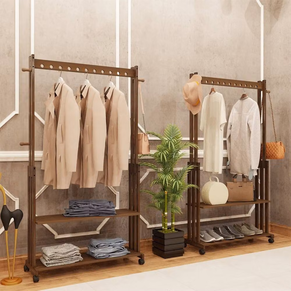 KORVIXA Bamboo Rolling Garment Stand Rail and Open Wardrobe in Brown, Width: 90 cm – 2