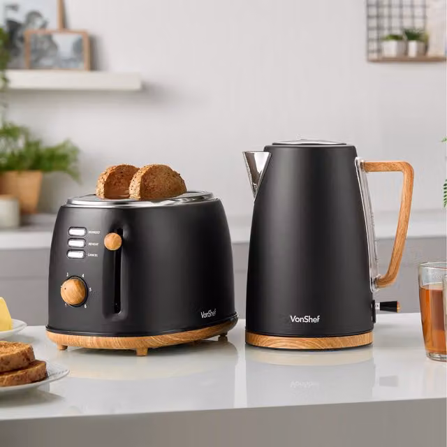 VonShef Fika Kettle and 2 Slice Toaster Set in Black and Metal