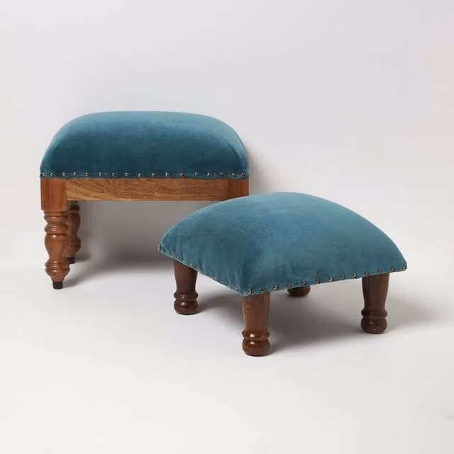 Homescapes Mable Velvet Rectangular Footstool in Petrol Green, W/D/H: 40 x 40 x 30 cm