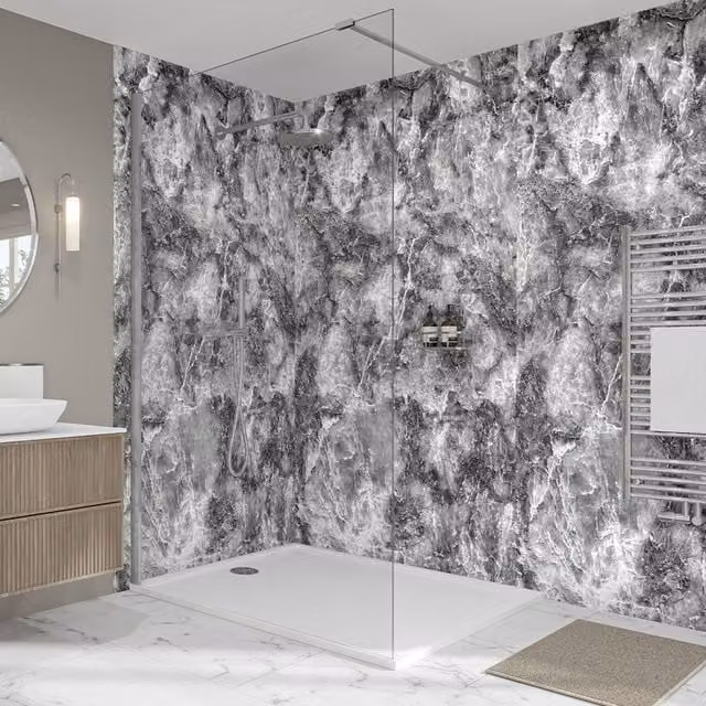 Wetwall Elite Double Post Formed Onyx Grigio Shower Panel in Grey Stone Look