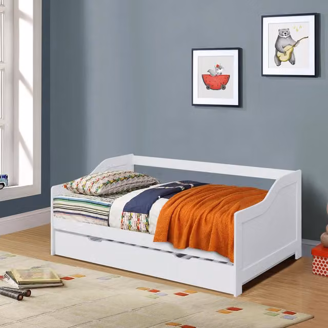 Comfy Living White Solid Wood Minimalist Childrens Trundle Bed with Drawers W/D/H: 90 x 190 cm