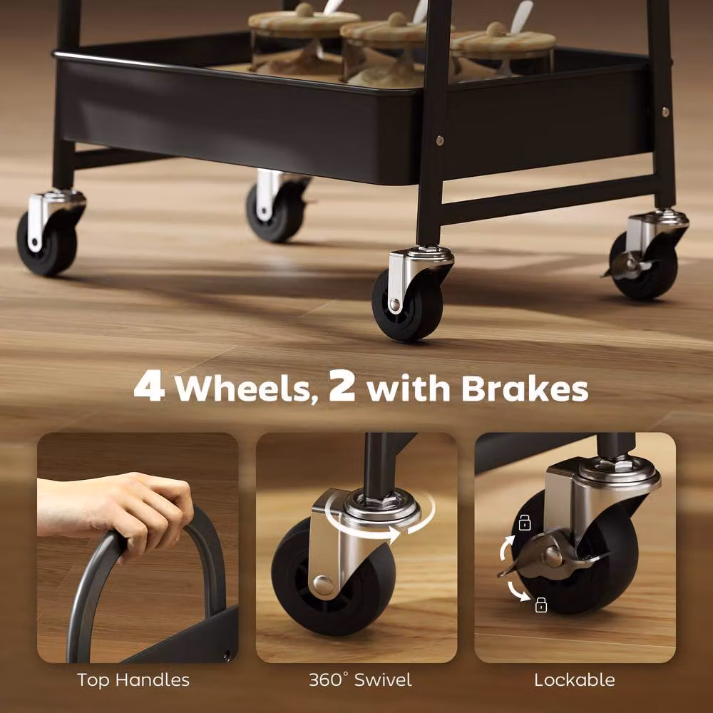 STILVORA 3-Tier Metal Storage Trolley with Wheels and Covered Top in Matt Black – 5