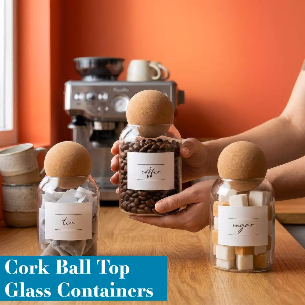 Argon Tableware Glass Tea Coffee Sugar Jars Set of 3 in Transparent with Cork Ball Lids – 4