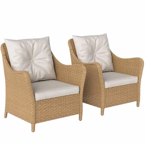 Outsunny Set of 2 Beige Rattan Garden Chairs with Cushions – 1