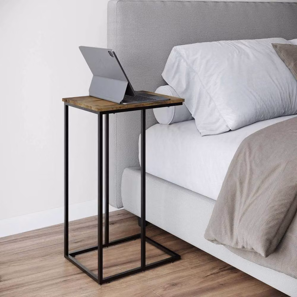 FORGEVIO Industrial C-Shaped Side Table with Ancient Wood Top and Steel Frame, W/D/H: 30 x 30 x 66 cm – 2