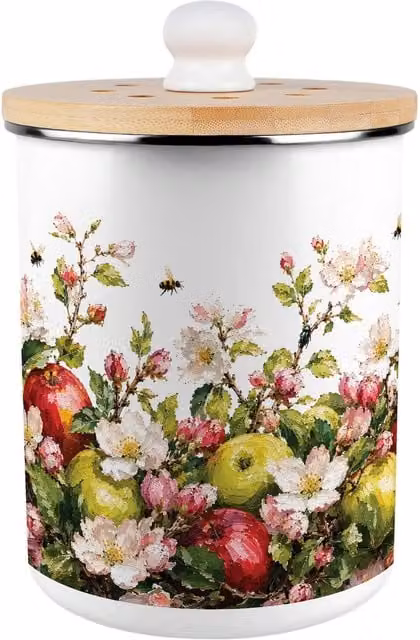 Purely Home Apple Blossoms Metal Food Waste Caddy with Flip Lid, Green, 2 l