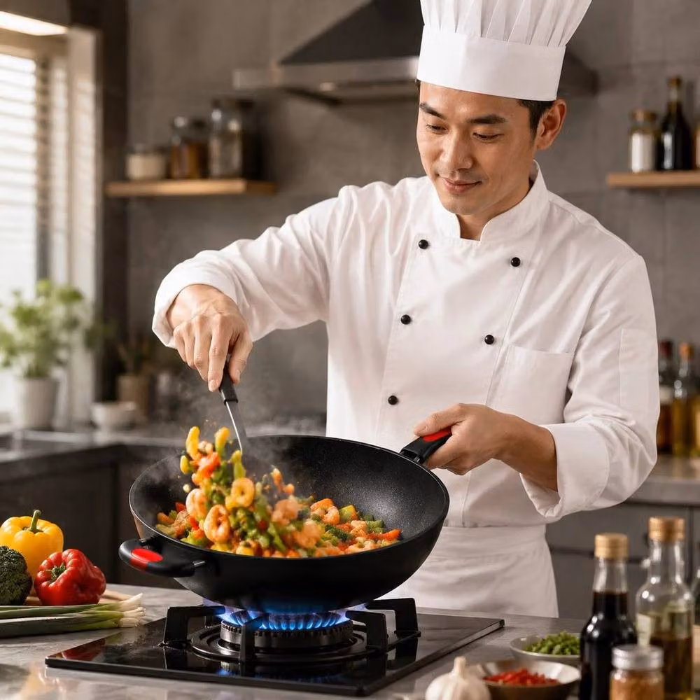 PAWNORA Non-Stick Black Cooking Stir Fry Wok Pan with Helper Handle, Diameter: 30 cm – 4