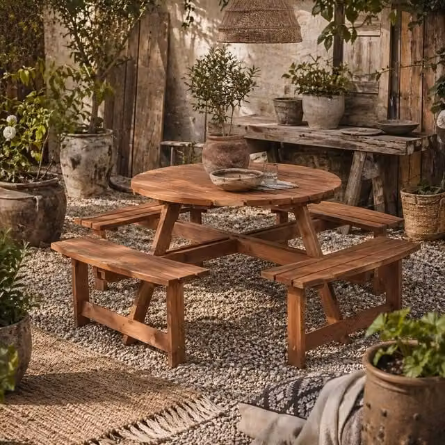 Wyld Haus Bataba 8 Seater Round Picnic Table and Bench Set in Red and Brown Treated Hardwood, Diameter: 178 cm