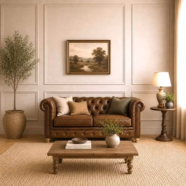 Elm Home And Garden Windsor Brown Leather 2 Seater Chesterfield Sofa with Scatter Cushions