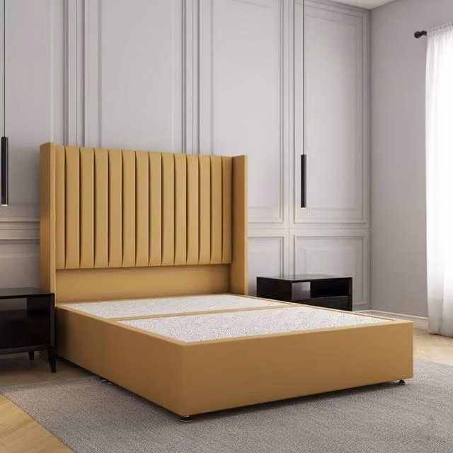 REGIONAL FURNISHINGS Plush Velvet Double Divan Bed Base with 54 inch Headboard in Yellow, W/D/H: 140 x 200 x 30.48 cm