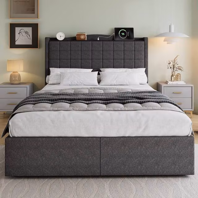 Merax Grey Linen Upholstered Double Storage Bed with 4 Drawers and USB Charging Station W: 135 cm, D: 190 cm, H: 111 cm – 1