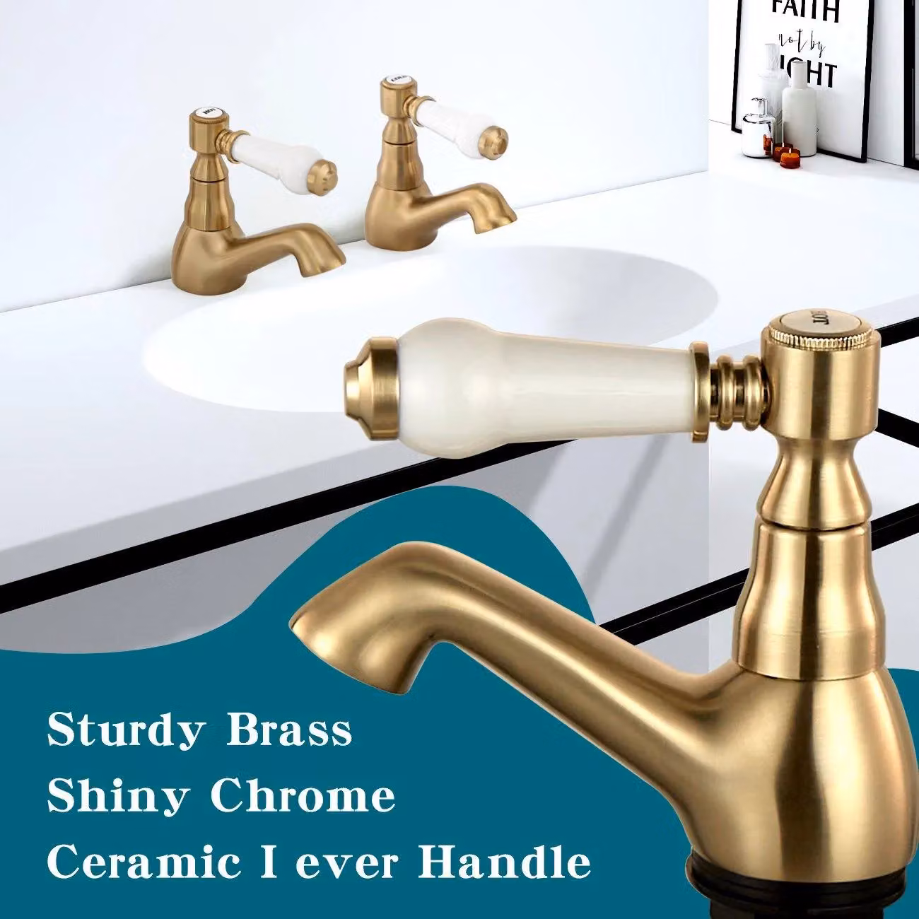 BATHWEST Brushed Brass Twin Lever Basin Mixer Taps, Gold – 3