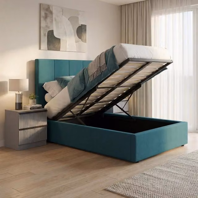 FWStyle Hoscar Small Double Ottoman Bed Frame with Underbed Storage in Petrol Blue