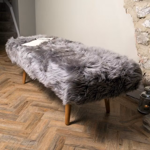 Native Natural Grey Shearling Sheepskin End Of Bed Bench with Oak Wood Frame
