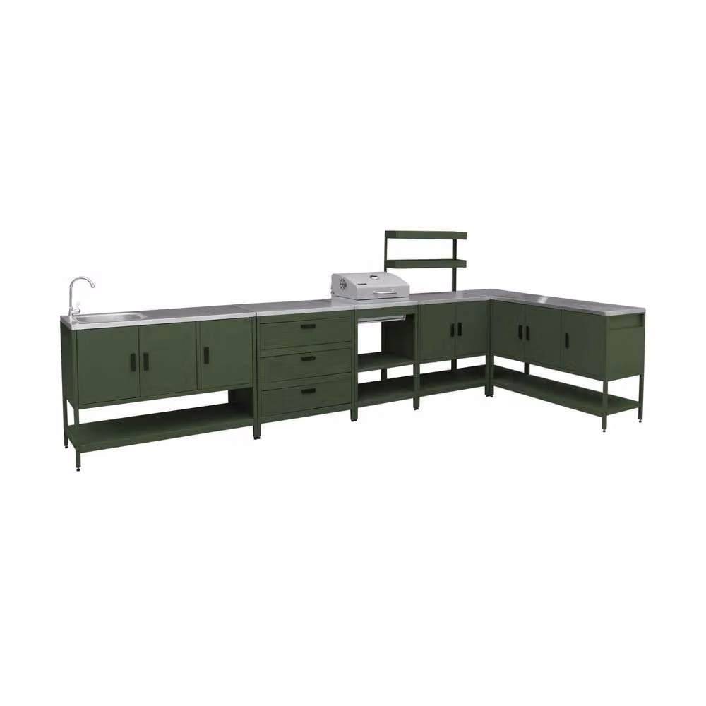 sweeek Outdoor Kitchen with Charcoal Barbecue, 5 Modules and Sink in Green – 2