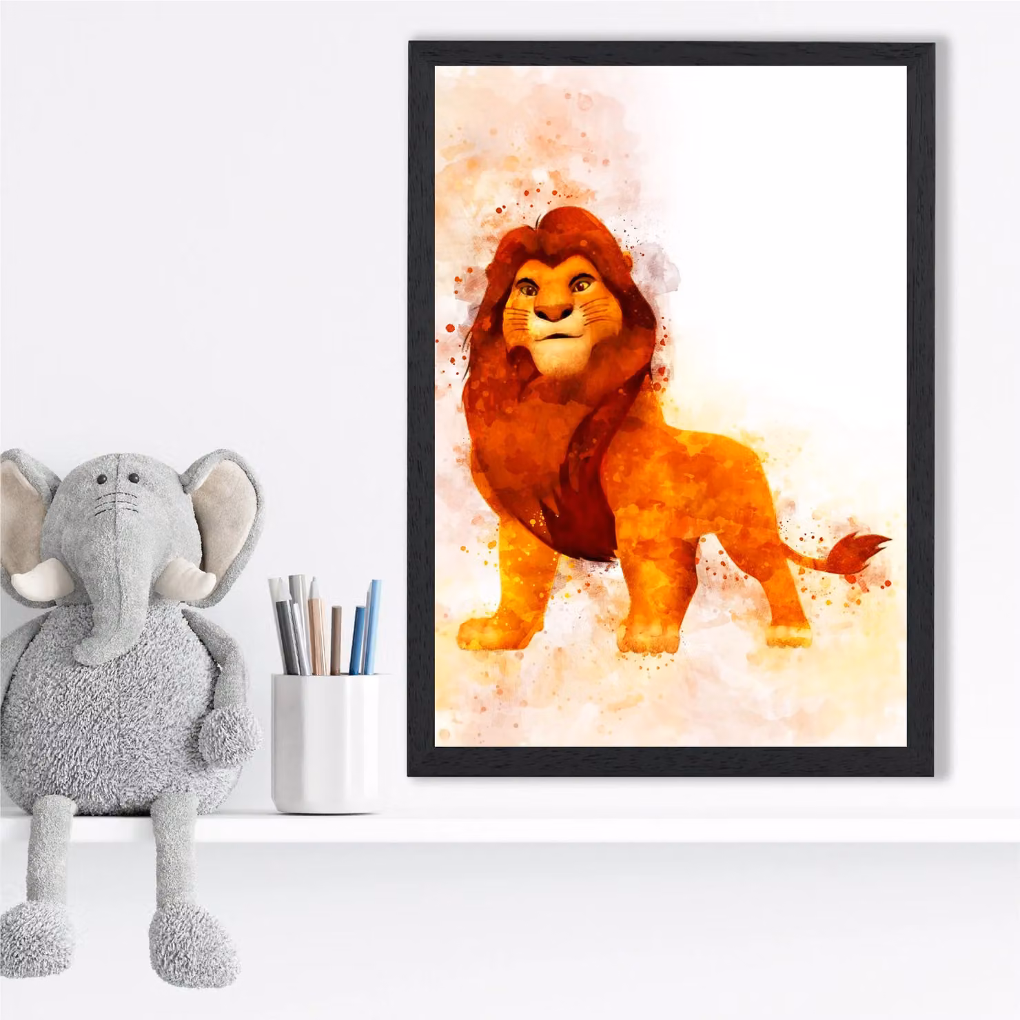ARTZE Simba Watercolour Lion King Framed Print, Orange and Black, A2 – 2