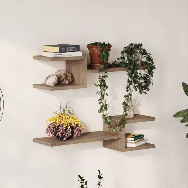 Decortie Fork Modern Floating Shelf Set in Brown, 2 Piece