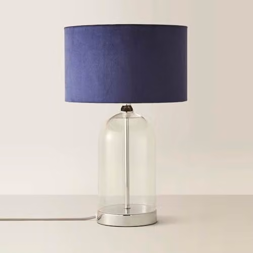 ValueLights Glass and Black Metal Bedside Table Lamp with Navy Blue Velvet Lampshade and Warm White LED Bulb