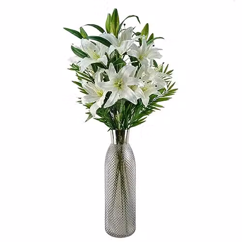 Leaf Design UK Modern Lily Floral Artificial Flower Display with Glass Vase in Grey and White, H: 16 cm, W: 9 cm, D: 9 cm