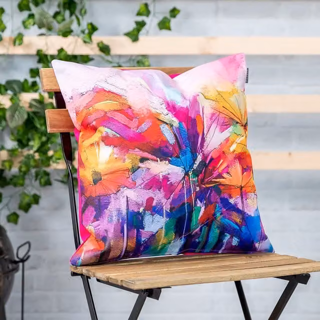 ICON Set of 4 Pink and Multicolour Oil Painting Printed Outdoor Cushions with Floral Art Deco Design