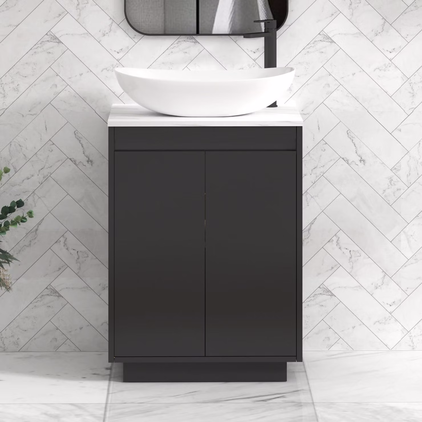 Royal Bathrooms Orion 600mm Matt Obsidian Black Floor Standing 2 Door Vanity Unit with Cesar Basin and Black Accent Trim