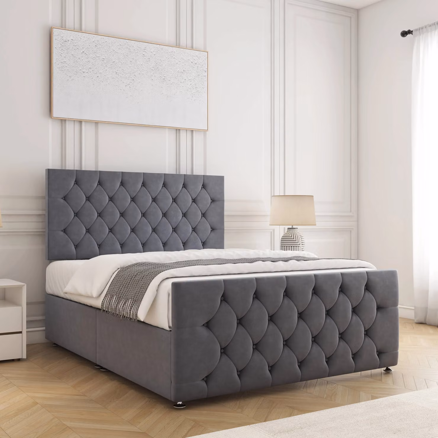BSSPOKE Maya Divan Bed Set with 24 inch Headboard and Mattress in Grey Plush Velvet, Small Double, W/D/H: 120 x 200 cm – 2