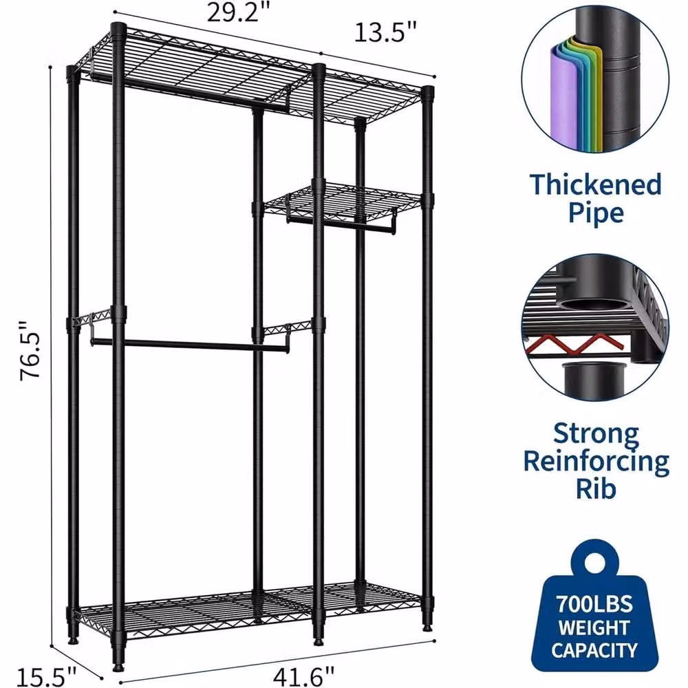 Havendro Black Metal Clothes Rail with 3 Shelves and 3 Hanging Rods, H 76.5 cm x L 41.6 cm – 2