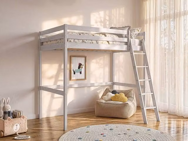 Vente-unique GEDEON II Loft Bed in White Solid Pine, W/D/H: 190 x 140 x 152.5 cm