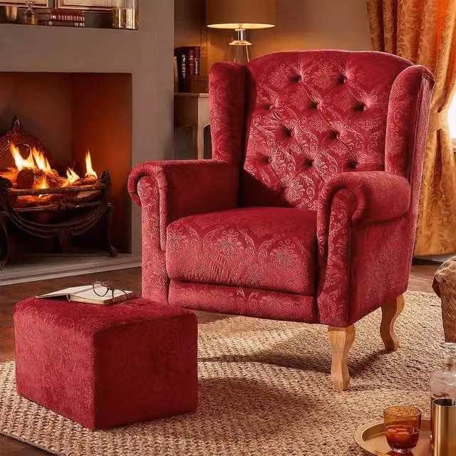 Coopers of Stortford Classic Floral Velvet Wingback Armchair with Matching Ottoman in Red