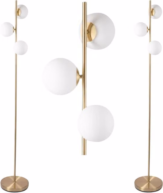 First Choice Lighting Pair of Satin Brass Floor Lamps with Gold Opal Glass Sphere Shades, H: 160 cm – 1