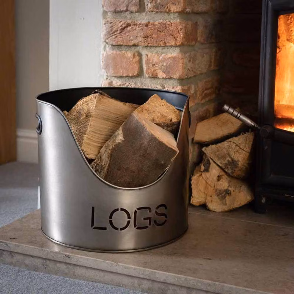 Lemon Pavilion Grey Metal Logs and Kindling Buckets and Matchstick Holder, Height: 32 cm – 5
