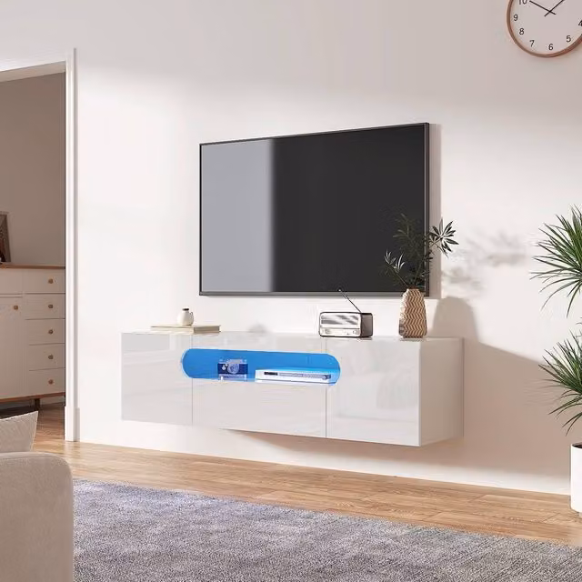 KEEPREAPER Sleek Floating TV Stand with LED Light and Storage Cabinet in White